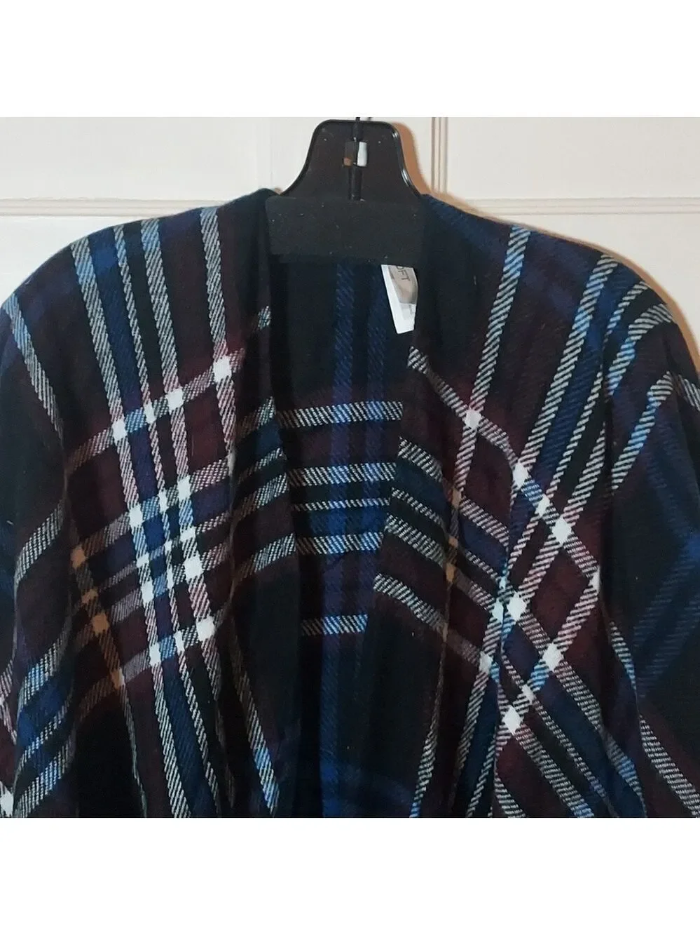 LOFT Outlet Black Blue Checkered Fringe Poncho One Size